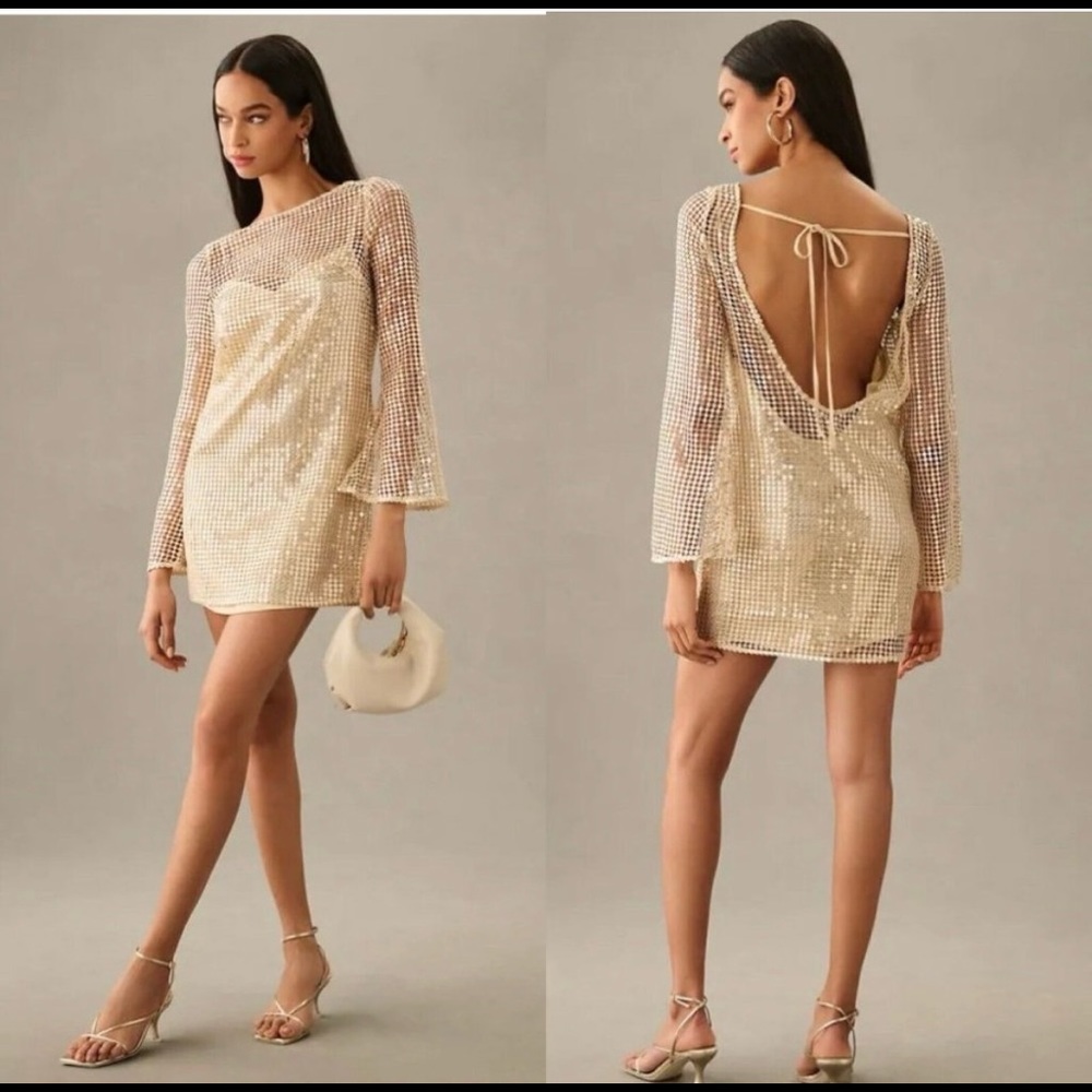 NWT Anthropologie Audette Sheer Slim Mini Dress L Gold Cocktail Party Dress